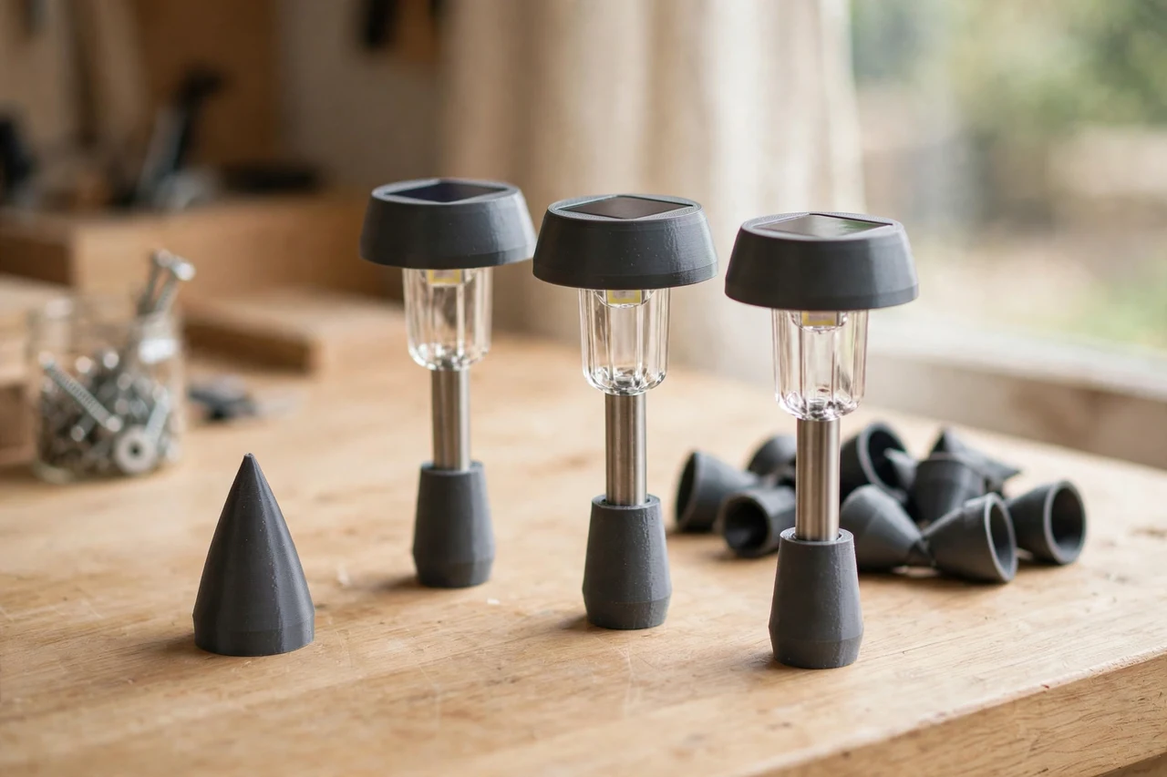 Home workshop scene on a light oak workbench, a matte charcoal-gray 3D printed spike protector cap beside printed protector caps fitted over solar light ground spikes, soft natural window light, shallow depth of field