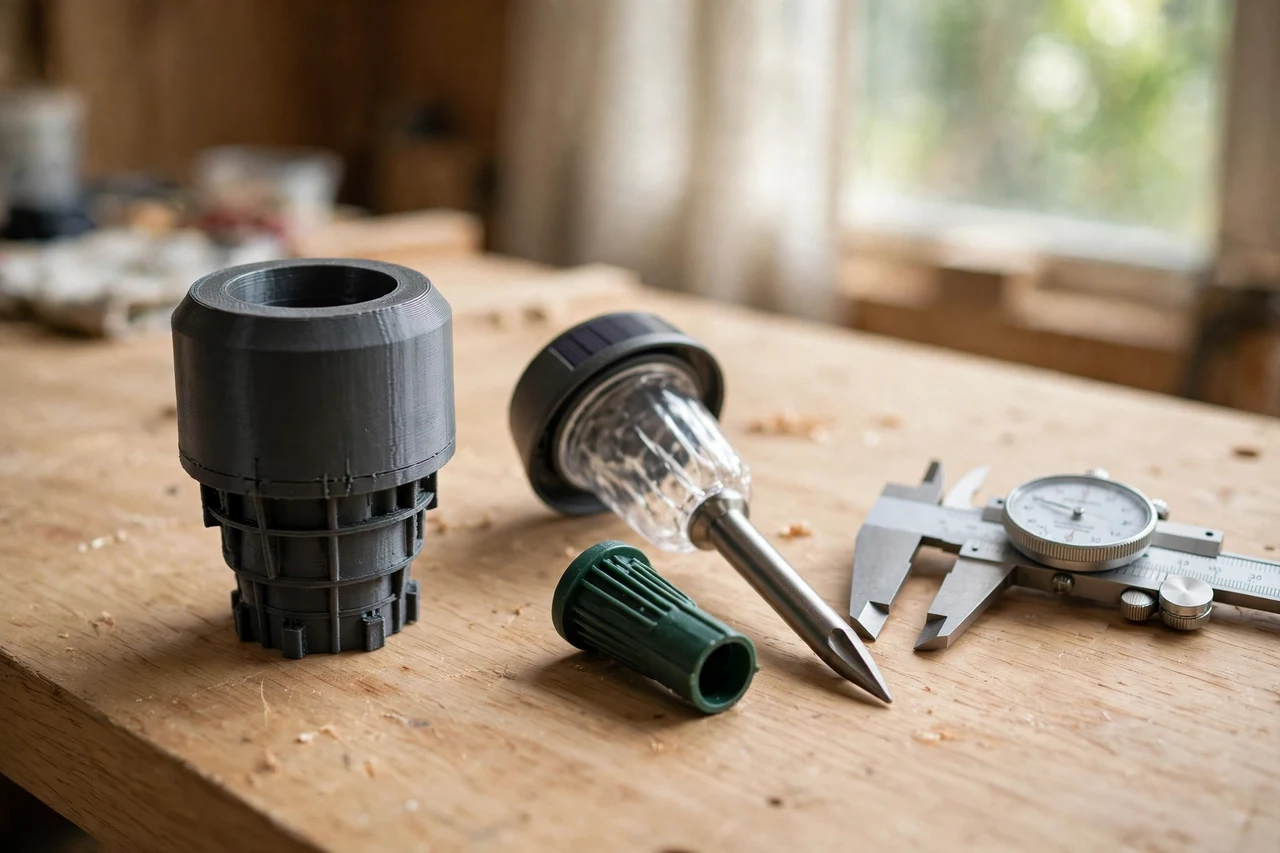 Home workshop scene on a light oak workbench, a matte charcoal-gray 3D printed solar light stake adapter beside a solar garden light stake and its ground socket and a pair of calipers, soft natural window light, shallow depth of field