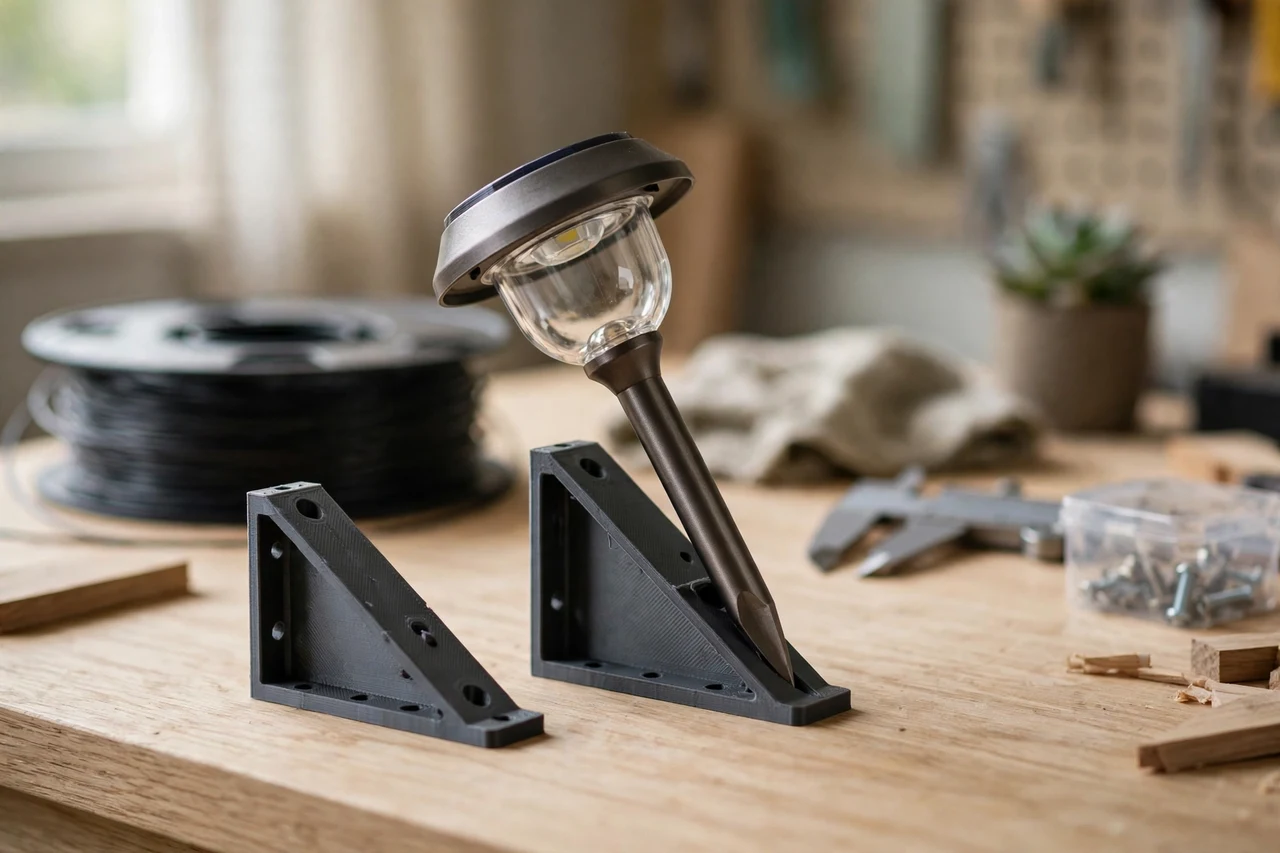 Home workshop scene on a light oak workbench, a matte charcoal-gray 3D printed stake angle guide beside a printed angle guide setting the tilt of a solar garden light stake, soft natural window light, shallow depth of field
