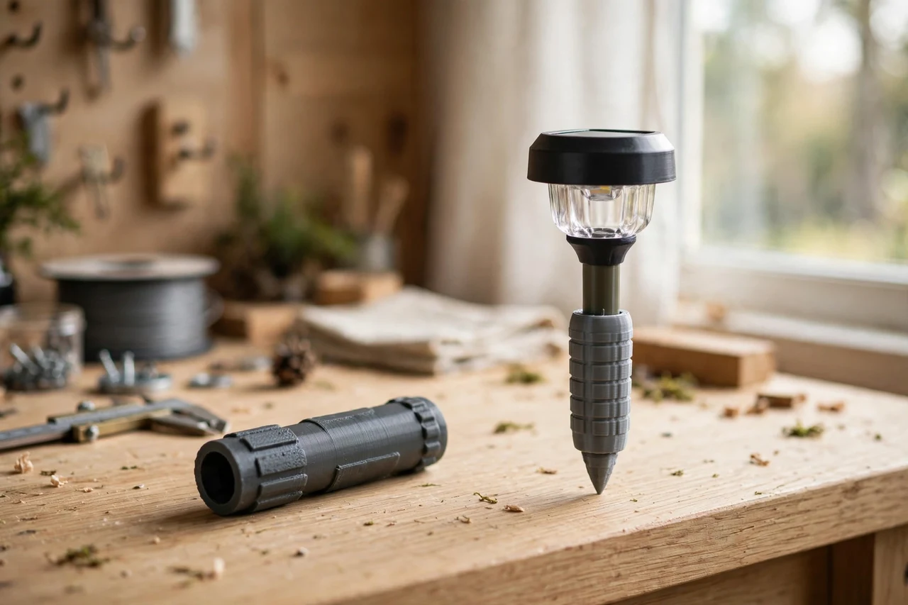 Home workshop scene on a light oak workbench, a matte charcoal-gray 3D printed stake grip extender beside a printed grip extender fitted over a solar garden light stake, soft natural window light, shallow depth of field