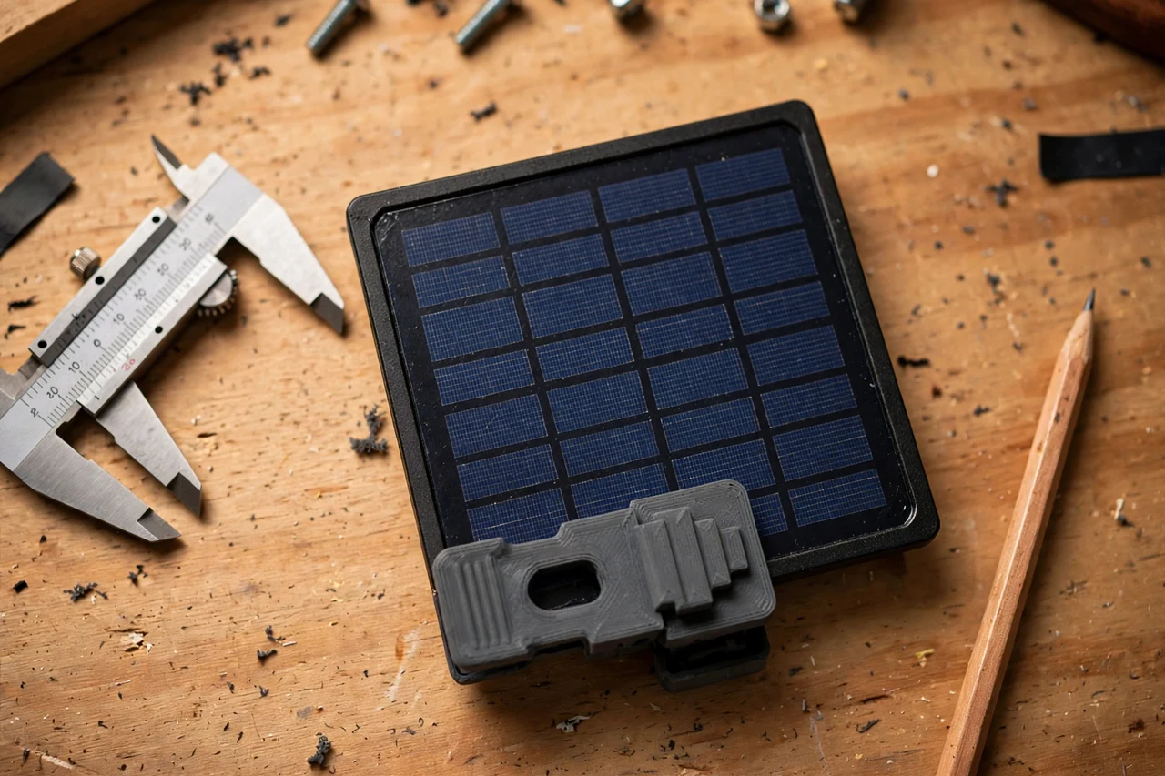 Close-up top-down view of a matte charcoal-gray 3D printed stepping stone clip being test-fitted against its matching solar product on a workbench, calipers and a pencil nearby, warm workshop lighting