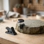 Home workshop scene on a light oak workbench, a matte charcoal-gray 3D printed stepping stone clip beside a solar light clipped to the edge of a garden stepping stone, soft natural window light, shallow depth of field