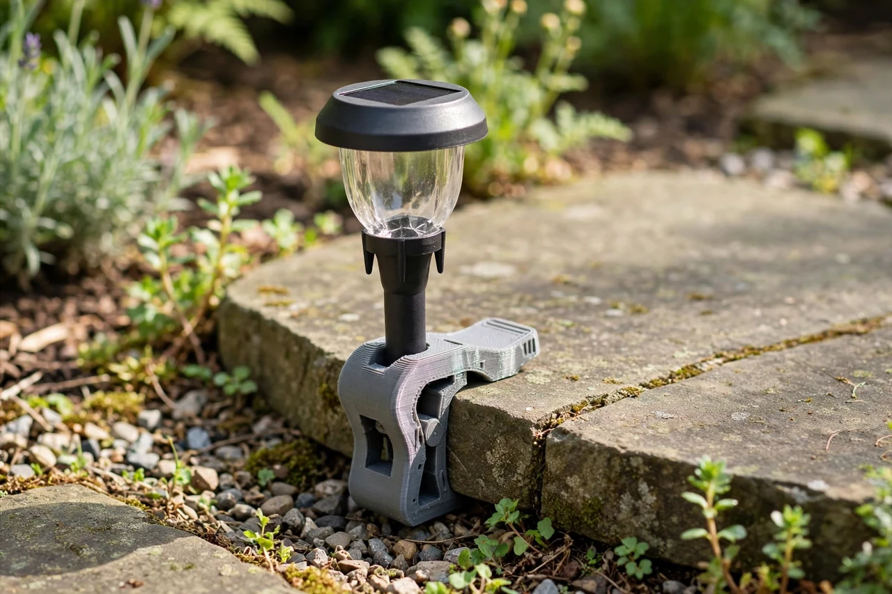 View of the finished 3D printed stepping stone clip in use on a garden solar lighting project, tidy garden background in soft focus, bright natural light