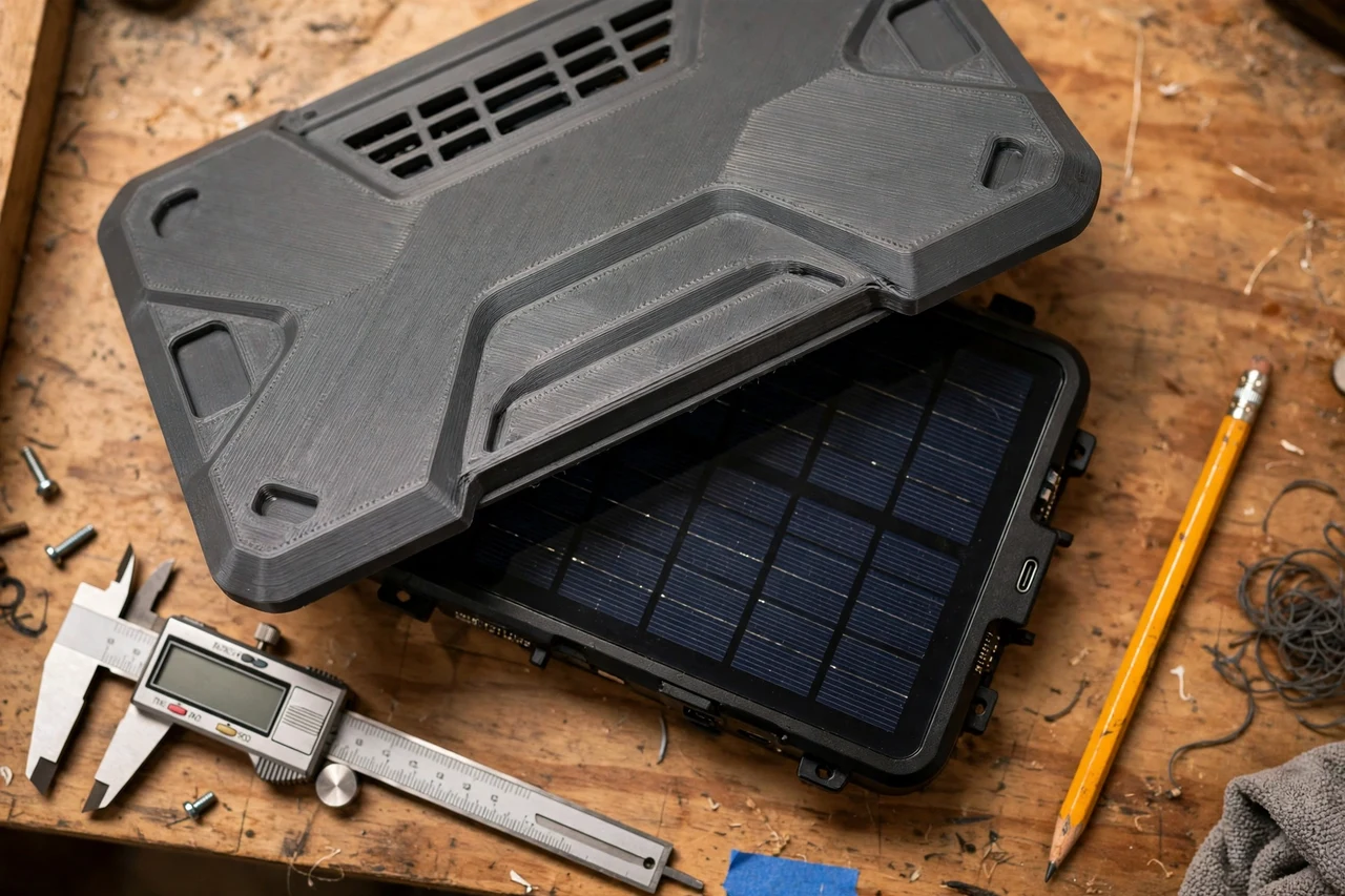 Close-up top-down view of a matte charcoal-gray 3D printed storage dust cover being test-fitted against its matching solar product on a workbench, calipers and a pencil nearby, warm workshop lighting