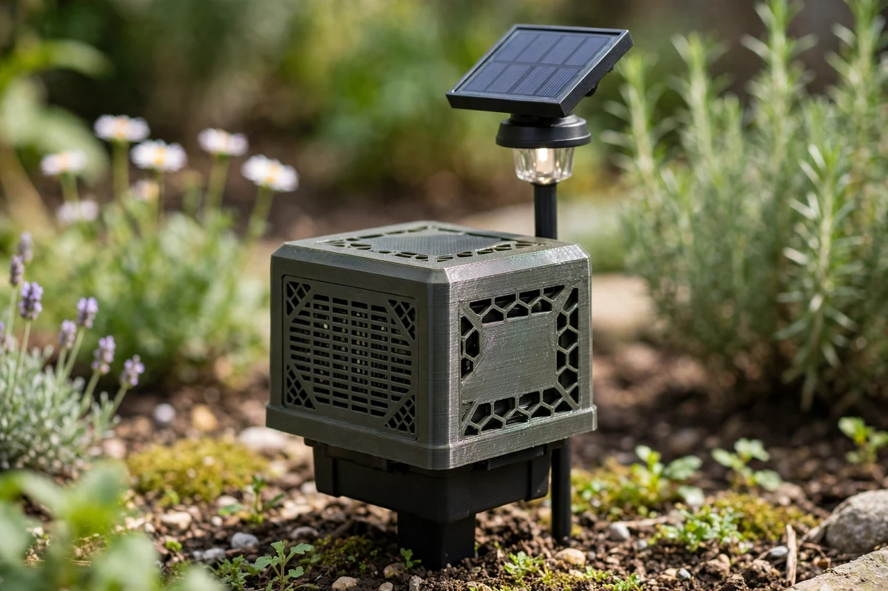 View of the finished 3D printed storage dust cover in use on a garden solar lighting project, tidy garden background in soft focus, bright natural light