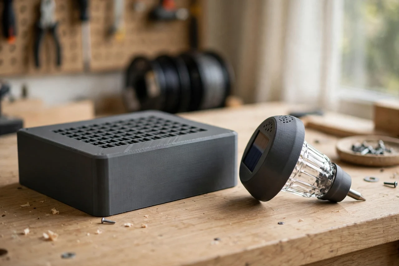 Home workshop scene on a light oak workbench, a matte charcoal-gray 3D printed storage dust cover beside a stored solar garden light fitted with a printed dust cover, soft natural window light, shallow depth of field