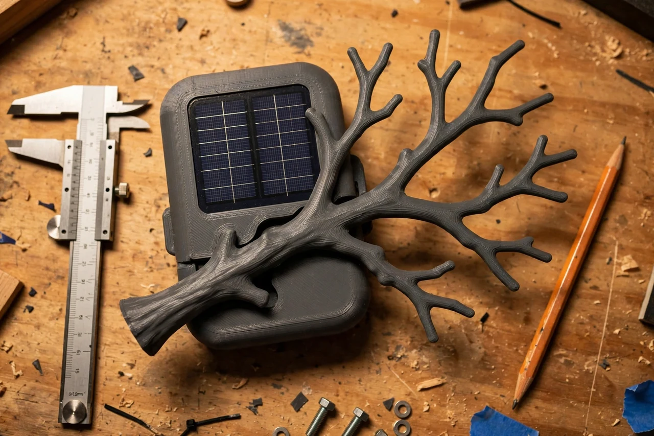Close-up top-down view of a matte charcoal-gray 3D printed tree branch hanger being test-fitted against its matching solar product on a workbench, calipers and a pencil nearby, warm workshop lighting