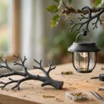 Home workshop scene on a light oak workbench, a matte charcoal-gray 3D printed tree branch hanger beside a solar garden light hanging from a tree branch on a printed hanger, soft natural window light, shallow depth of field
