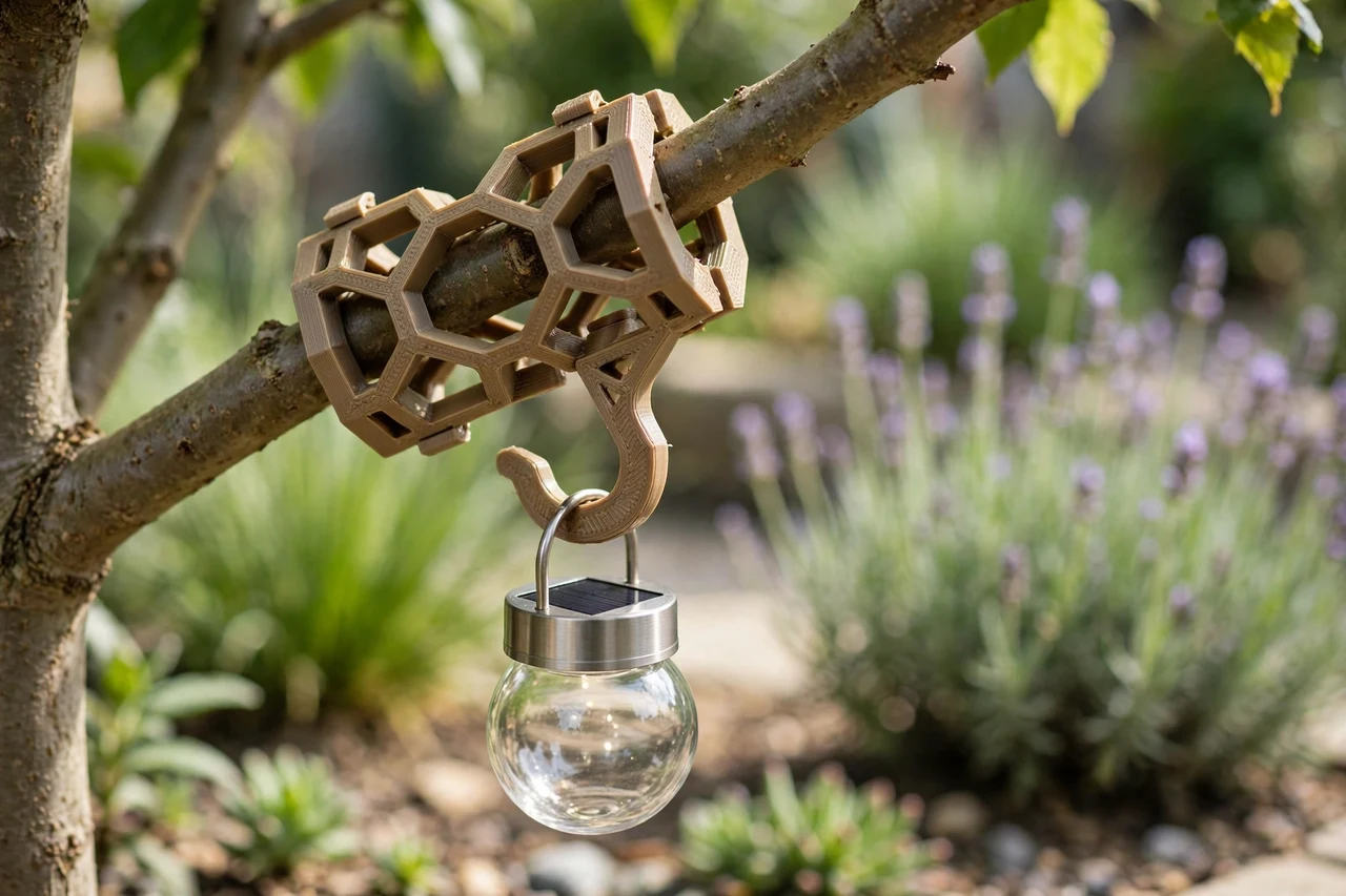View of the finished 3D printed tree branch hanger in use on a garden solar lighting project, tidy garden background in soft focus, bright natural light