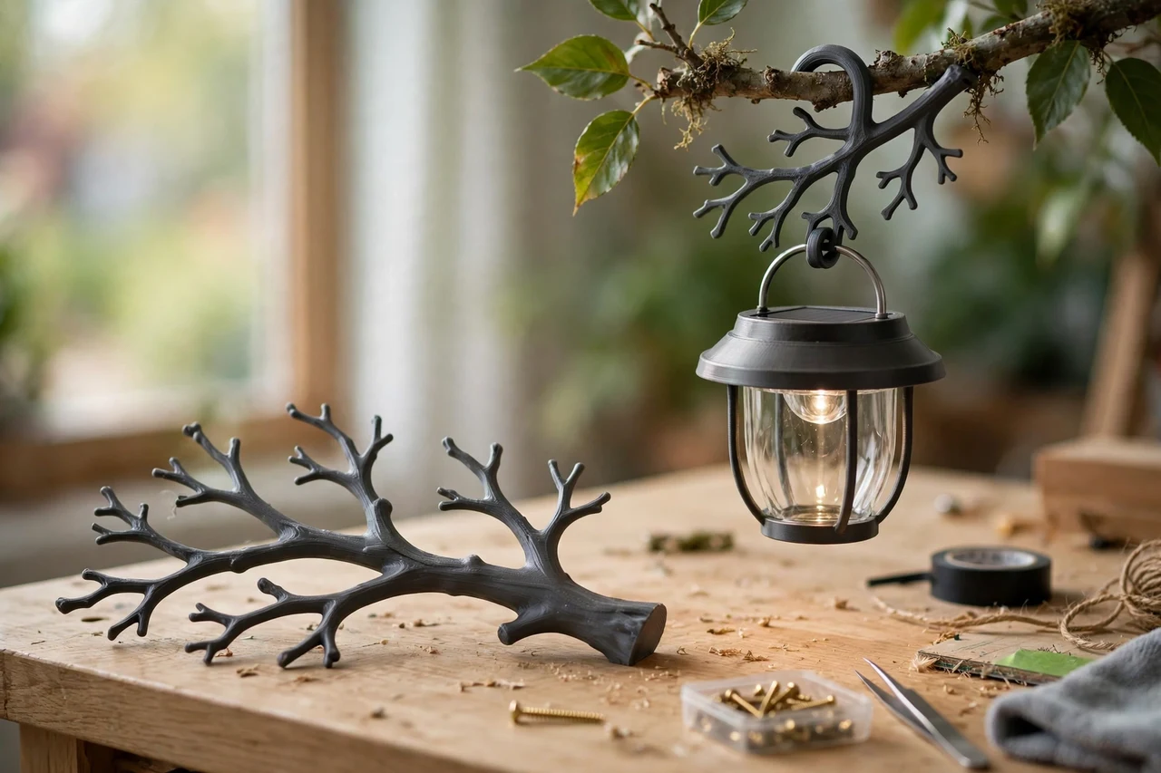 Home workshop scene on a light oak workbench, a matte charcoal-gray 3D printed tree branch hanger beside a solar garden light hanging from a tree branch on a printed hanger, soft natural window light, shallow depth of field