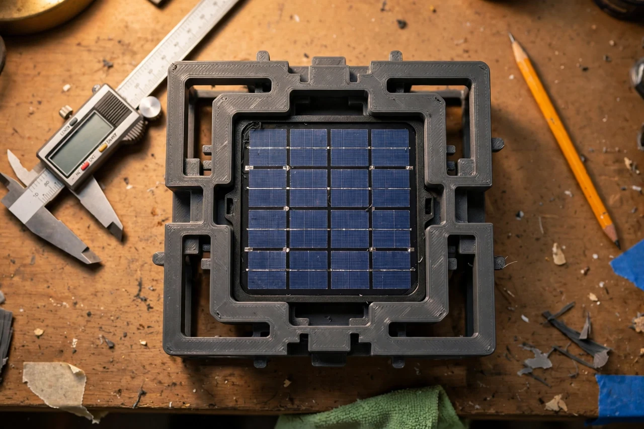 Close-up top-down view of a matte charcoal-gray 3D printed alignment jig being test-fitted against its matching solar product on a workbench, calipers and a pencil nearby, warm workshop lighting