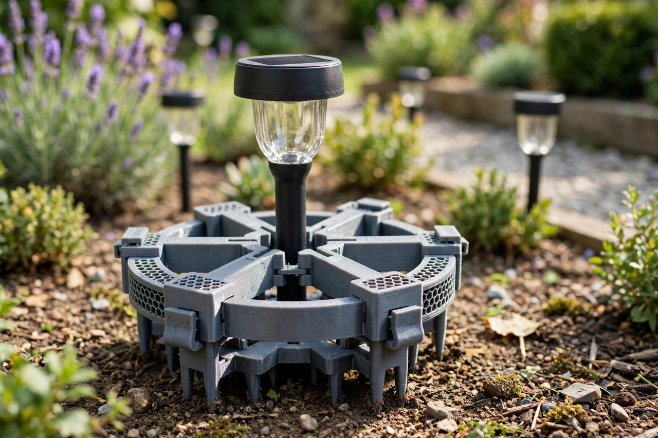 View of the finished 3D printed alignment jig in use on a garden solar lighting project, tidy garden background in soft focus, bright natural light