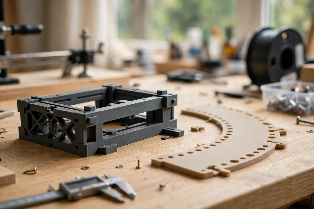 Home workshop scene on a light oak workbench, a matte charcoal-gray 3D printed alignment jig beside a printed alignment jig marking path light positions along a path edge, soft natural window light, shallow depth of field