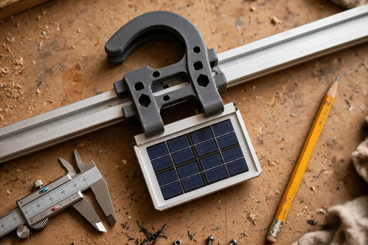Close-up top-down view of a matte charcoal-gray 3D printed bridge rail clip being test-fitted against its matching solar product on a workbench, calipers and a pencil nearby, warm workshop lighting