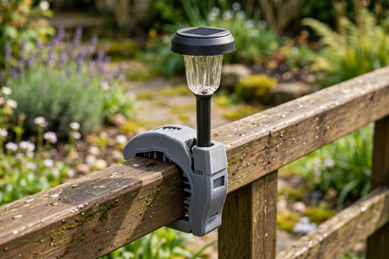 View of the finished 3D printed bridge rail clip in use on a garden solar lighting project, tidy garden background in soft focus, bright natural light