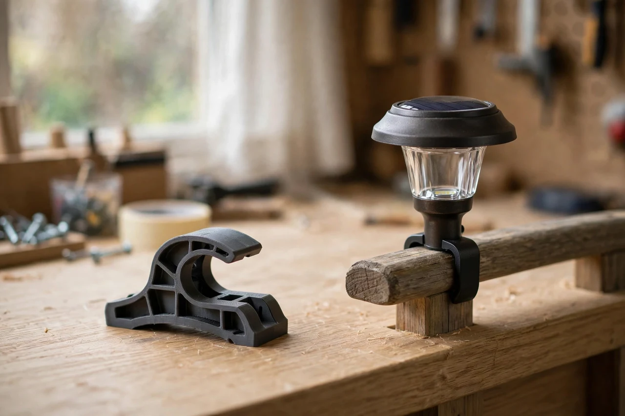Home workshop scene on a light oak workbench, a matte charcoal-gray 3D printed bridge rail clip beside a solar path light clipped to a garden bridge rail, soft natural window light, shallow depth of field