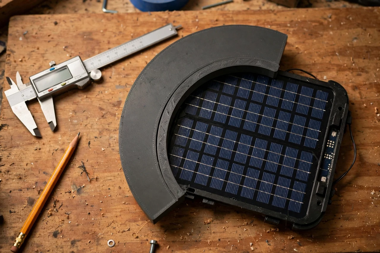 Close-up top-down view of a matte charcoal-gray 3D printed curve guide being test-fitted against its matching solar product on a workbench, calipers and a pencil nearby, warm workshop lighting