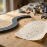 Home workshop scene on a light oak workbench, a matte charcoal-gray 3D printed curve guide beside a printed curve guide marking path light positions on a curving path, soft natural window light, shallow depth of field