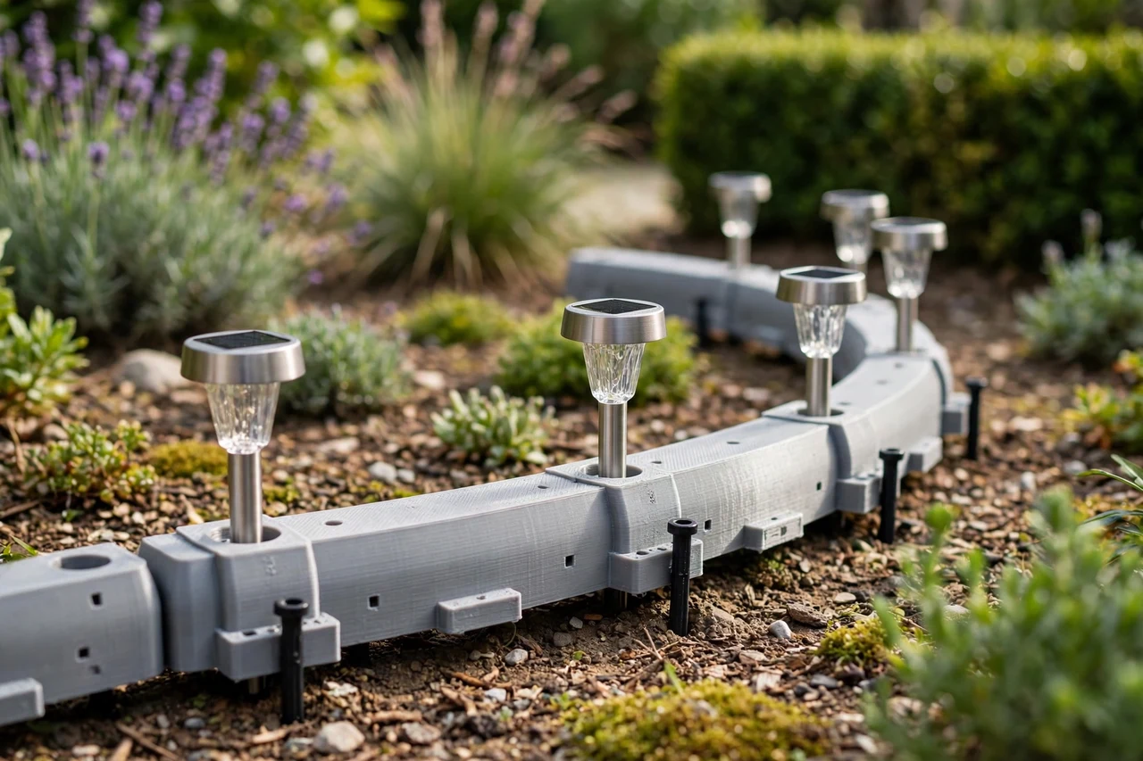 View of the finished 3D printed curve guide in use on a garden solar lighting project, tidy garden background in soft focus, bright natural light