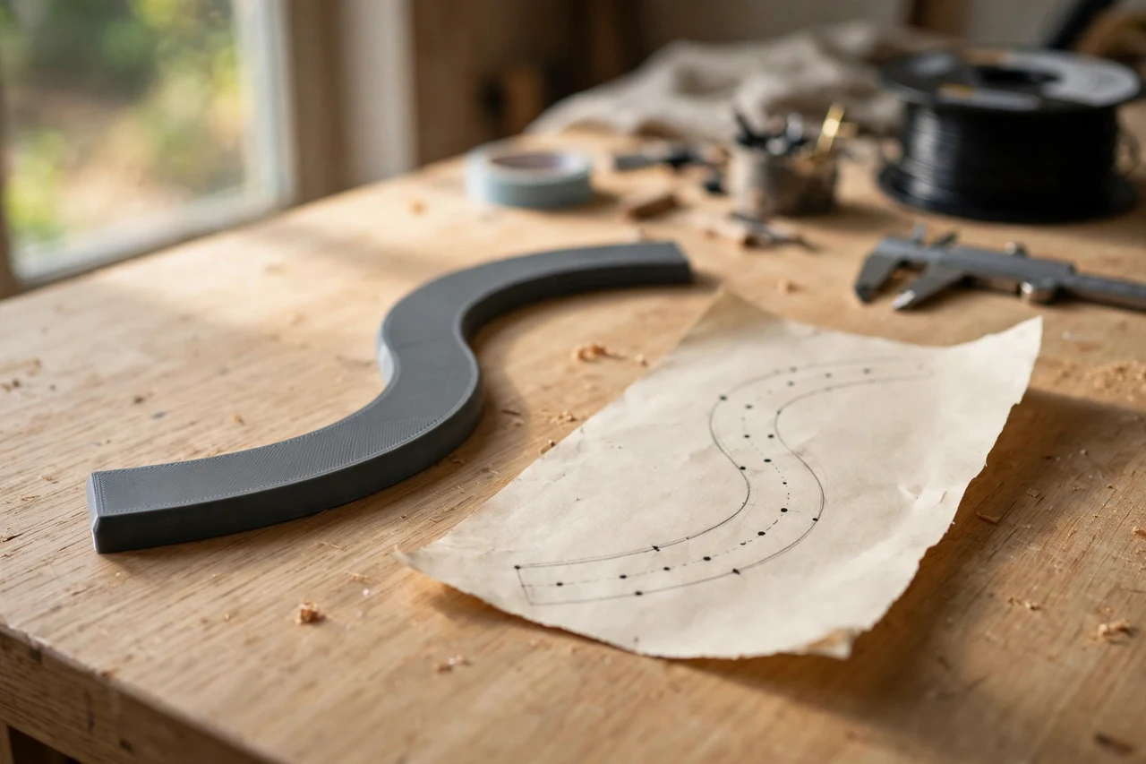 Home workshop scene on a light oak workbench, a matte charcoal-gray 3D printed curve guide beside a printed curve guide marking path light positions on a curving path, soft natural window light, shallow depth of field