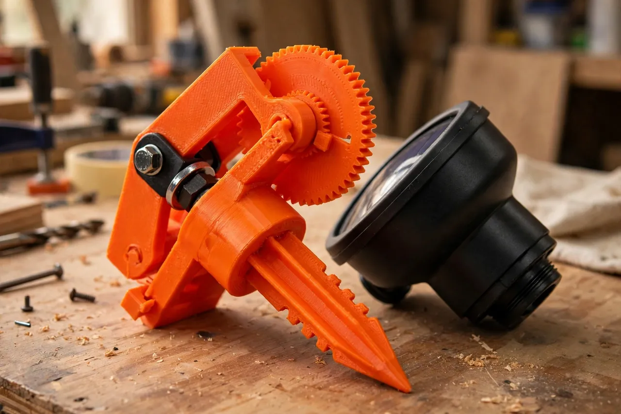 Close-up of a bright-orange 3D printed spotlight ground mount on a workbench showing the tilt hinge