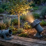 A garden at dusk with a sealed solar spotlight held in a matte charcoal-gray 3D printed ground mount angled up at a small tree
