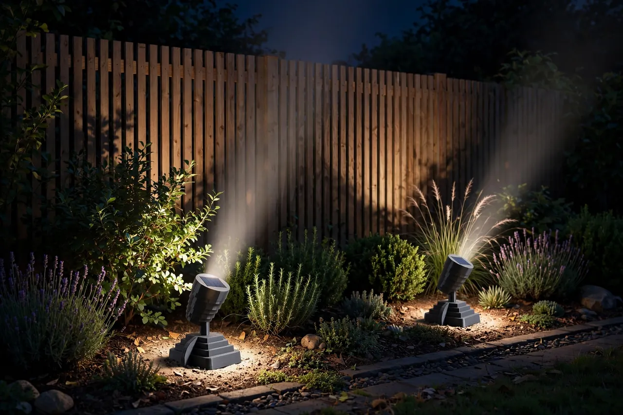 A finished garden border at night with two solar spotlights in printed ground mounts uplighting shrubs and a fence panel