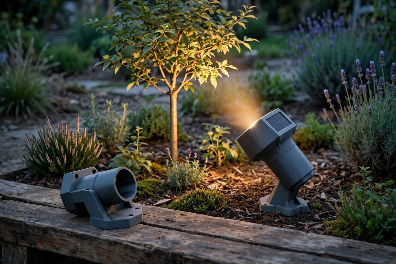 A garden at dusk with a sealed solar spotlight held in a matte charcoal-gray 3D printed ground mount angled up at a small tree
