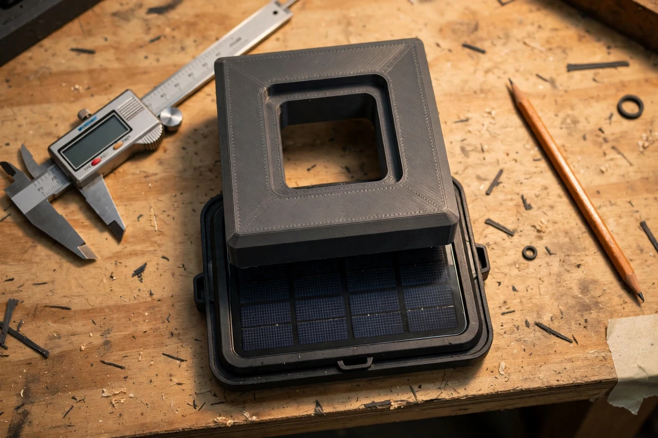 Close-up top-down view of a matte charcoal-gray 3D printed fence post top cap being test-fitted against its matching solar product on a workbench, calipers and a pencil nearby, warm workshop lighting
