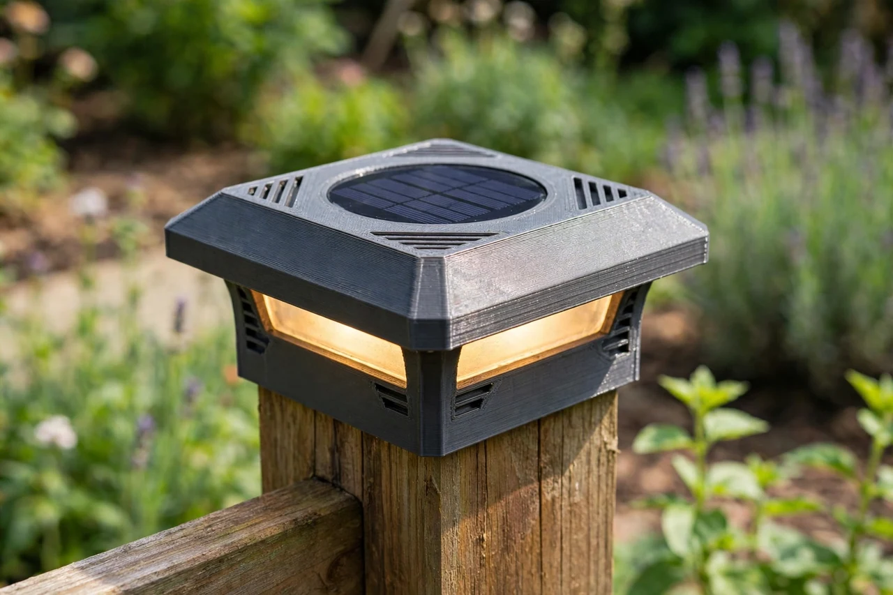 View of the finished 3D printed fence post top cap in use on a garden solar lighting project, tidy garden background in soft focus, bright natural light