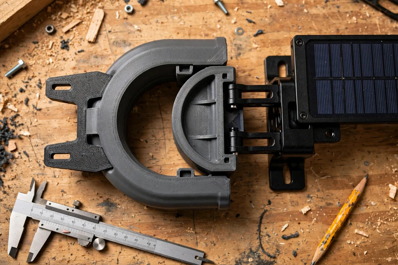 Close-up top-down view of a matte charcoal-gray 3D printed gutter downspout clip being test-fitted against its matching solar product on a workbench, calipers and a pencil nearby, warm workshop lighting