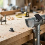 Home workshop scene on a light oak workbench, a matte charcoal-gray 3D printed gutter downspout clip beside a solar string light clipped along a gutter downspout, soft natural window light, shallow depth of field