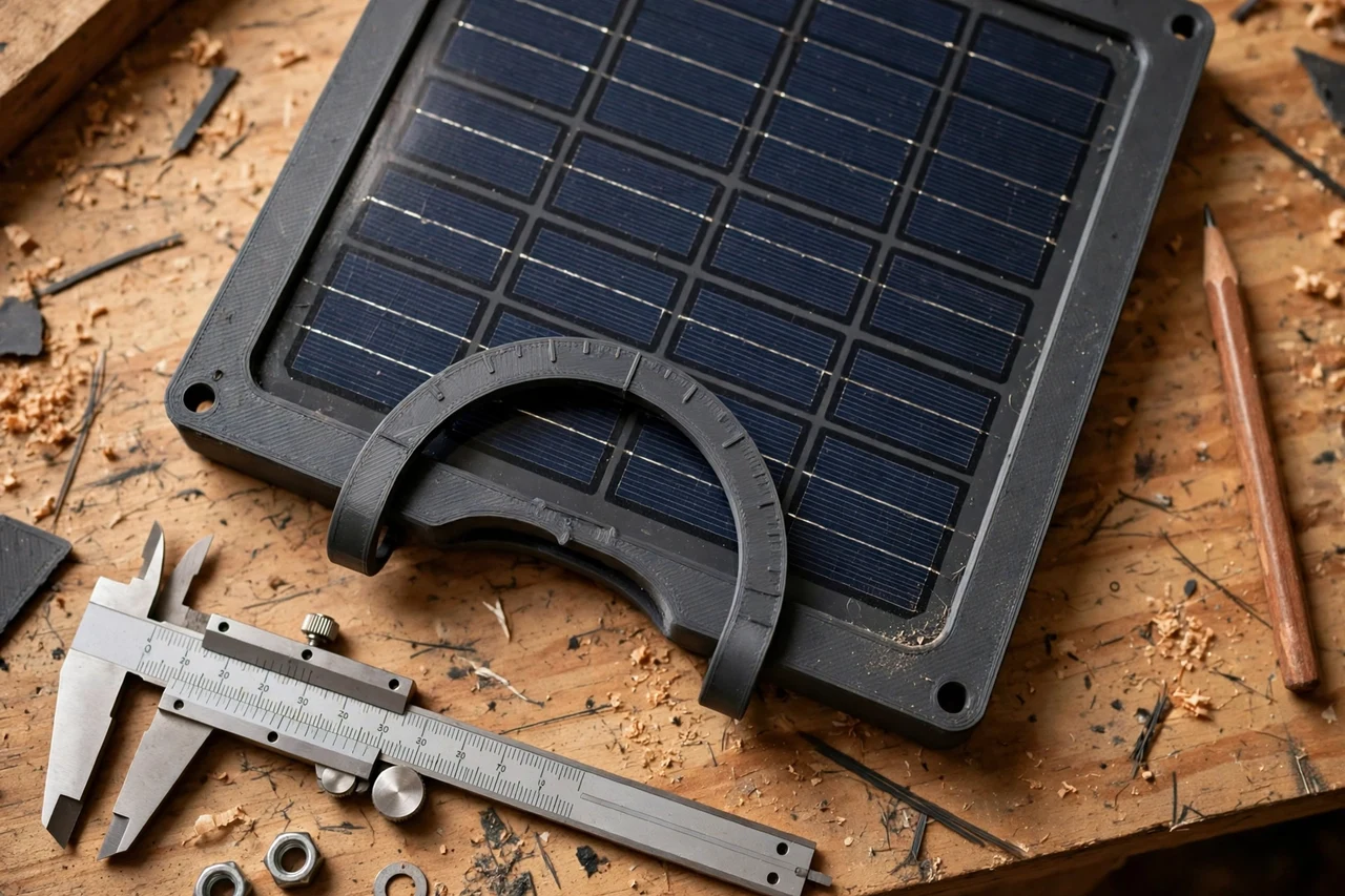 Close-up top-down view of a matte charcoal-gray 3D printed sag gauge being test-fitted against its matching solar product on a workbench, calipers and a pencil nearby, warm workshop lighting