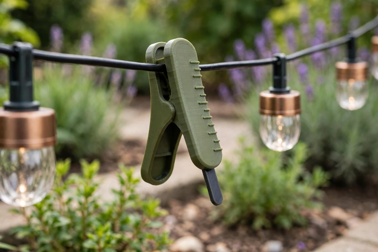 View of the finished 3D printed sag gauge in use on a garden solar lighting project, tidy garden background in soft focus, bright natural light
