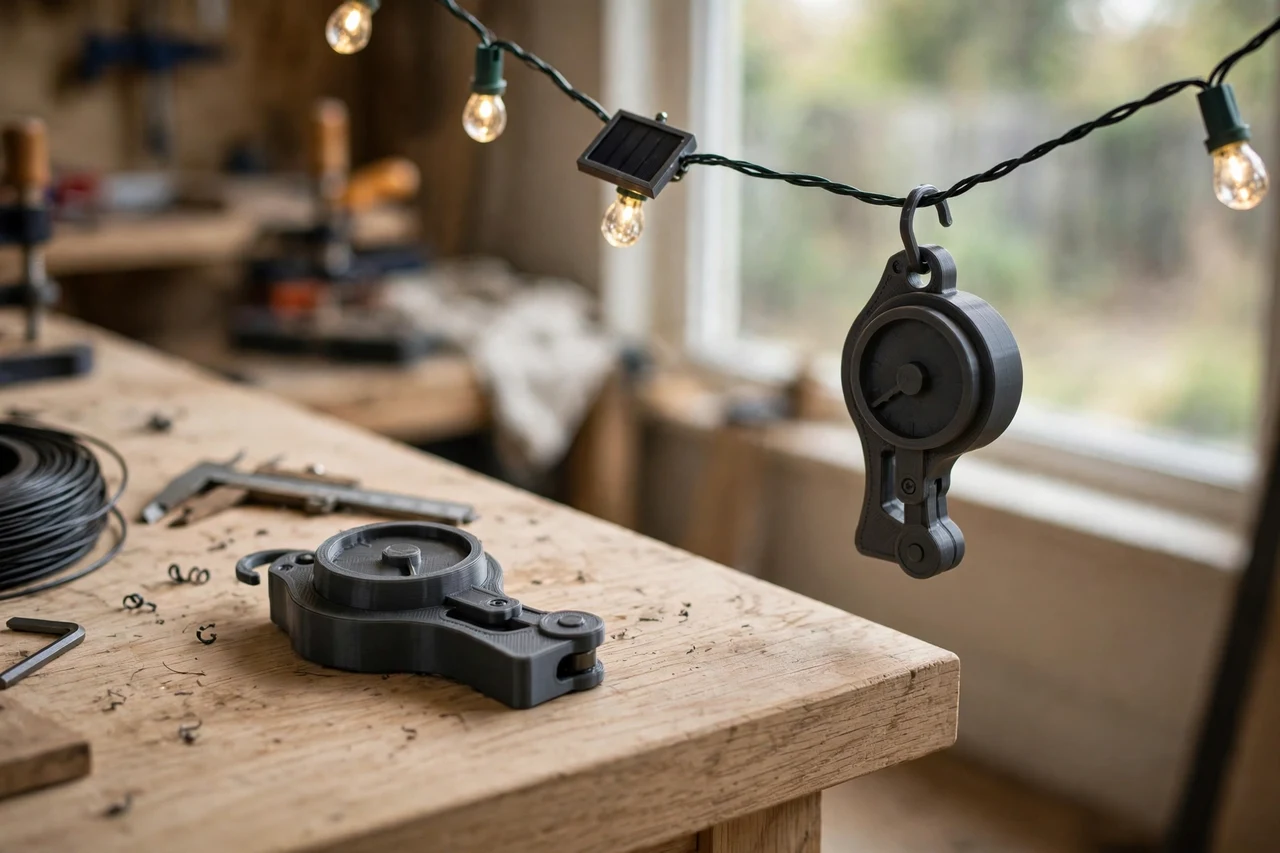 Home workshop scene on a light oak workbench, a matte charcoal-gray 3D printed sag gauge beside a printed sag gauge hanging on a span of solar string lights, soft natural window light, shallow depth of field