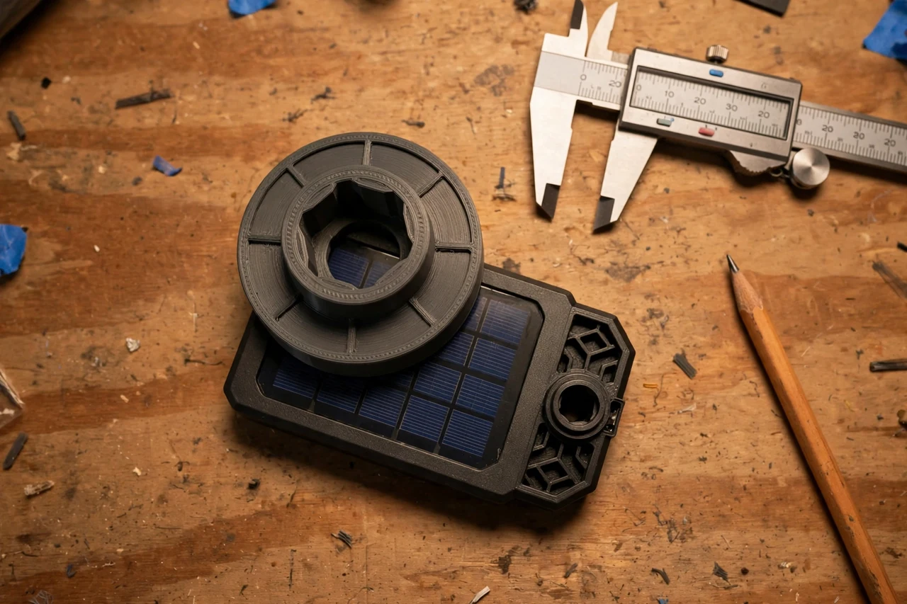 Close-up top-down view of a matte charcoal-gray 3D printed socket rain cap being test-fitted against its matching solar product on a workbench, calipers and a pencil nearby, warm workshop lighting