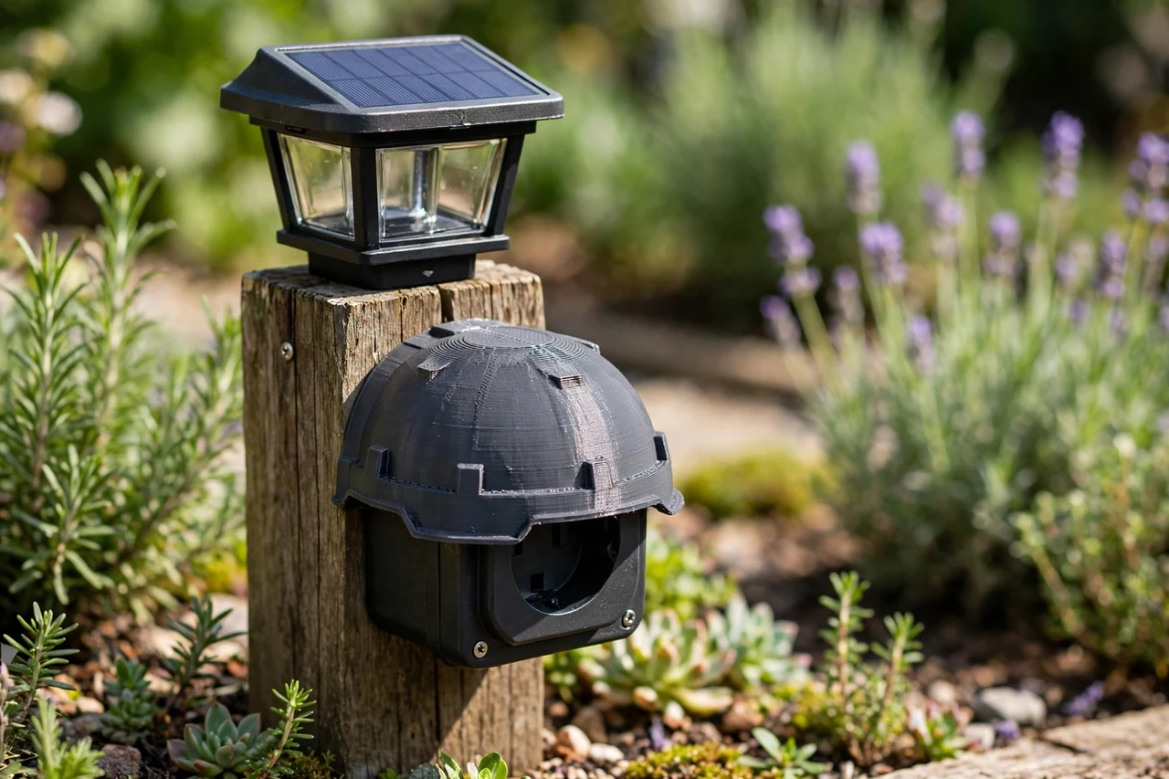 View of the finished 3D printed socket rain cap in use on a garden solar lighting project, tidy garden background in soft focus, bright natural light
