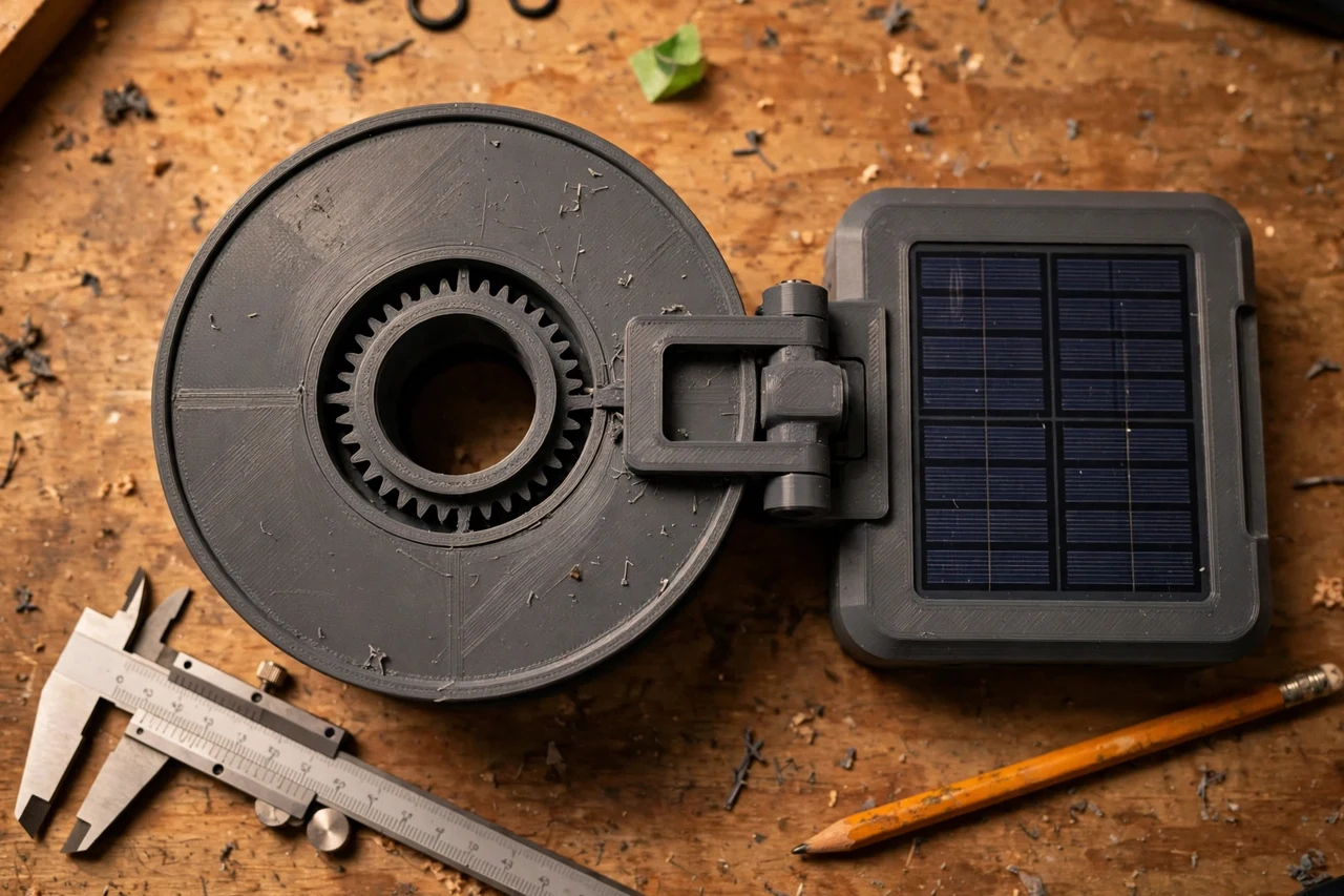 Close-up top-down view of a matte charcoal-gray 3D printed spool winder being test-fitted against its matching solar product on a workbench, calipers and a pencil nearby, warm workshop lighting
