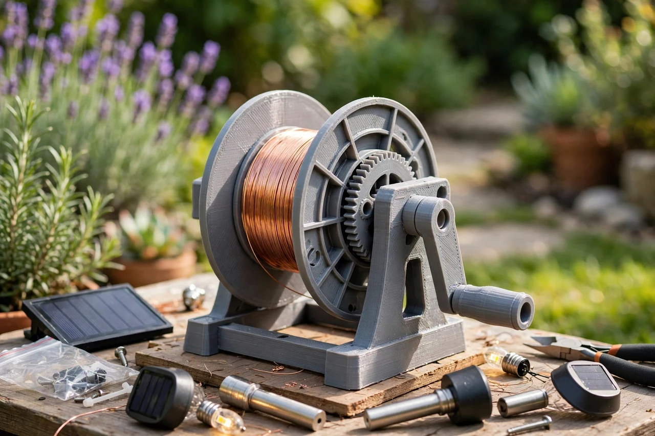 View of the finished 3D printed spool winder in use on a garden solar lighting project, tidy garden background in soft focus, bright natural light