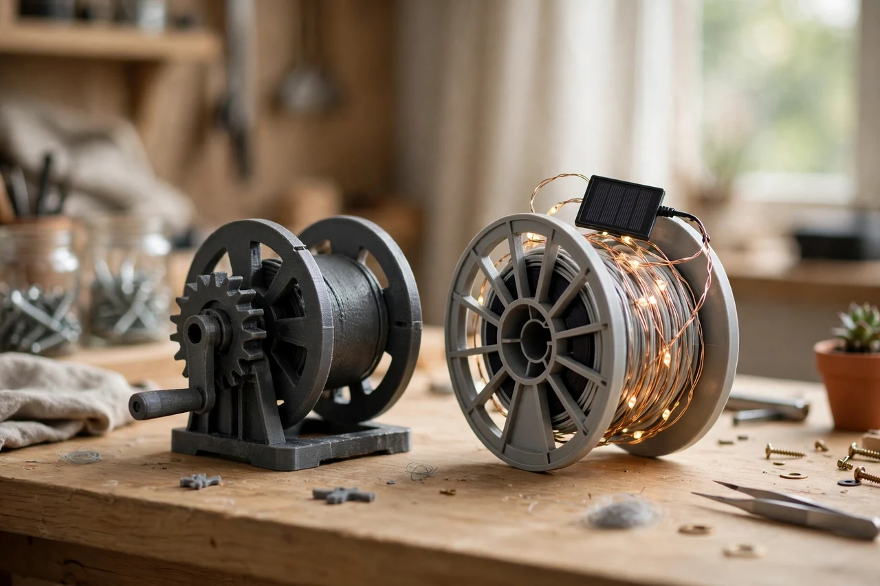 Home workshop scene on a light oak workbench, a matte charcoal-gray 3D printed spool winder beside a coiled solar string light on a printed spool winder, soft natural window light, shallow depth of field