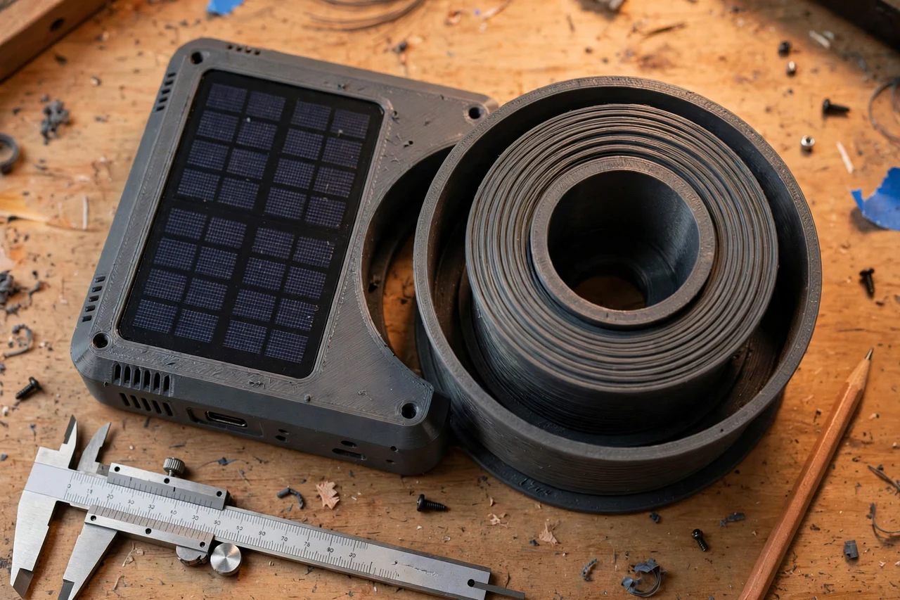 Close-up top-down view of a matte charcoal-gray 3D printed storage spool being test-fitted against its matching solar product on a workbench, calipers and a pencil nearby, warm workshop lighting