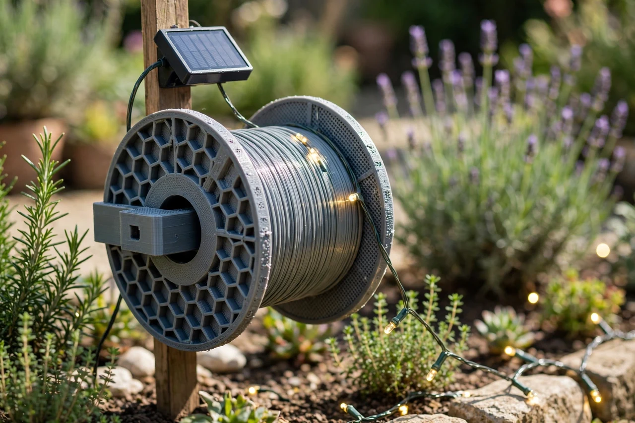 View of the finished 3D printed storage spool in use on a garden solar lighting project, tidy garden background in soft focus, bright natural light