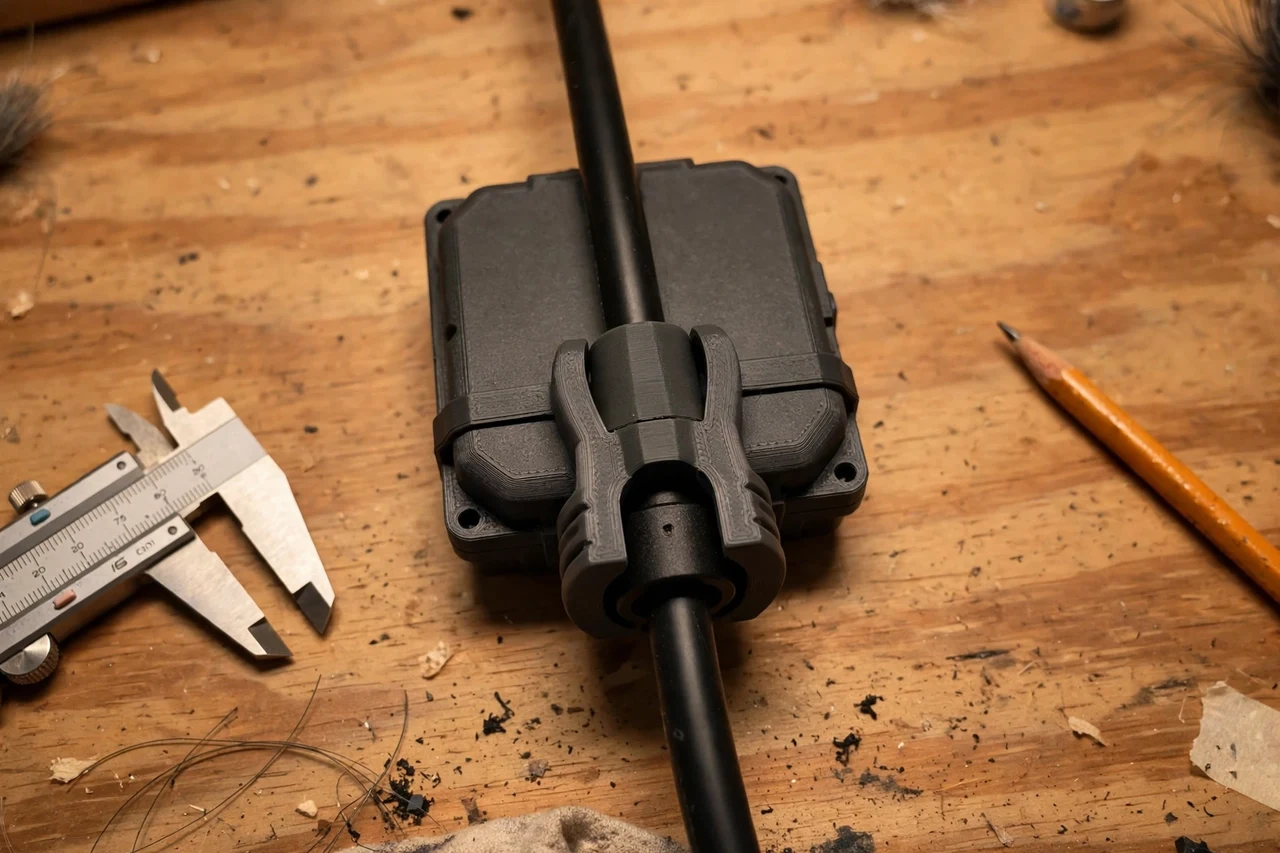 Close-up top-down view of a matte charcoal-gray 3D printed strain relief clip being test-fitted against its matching solar product on a workbench, calipers and a pencil nearby, warm workshop lighting