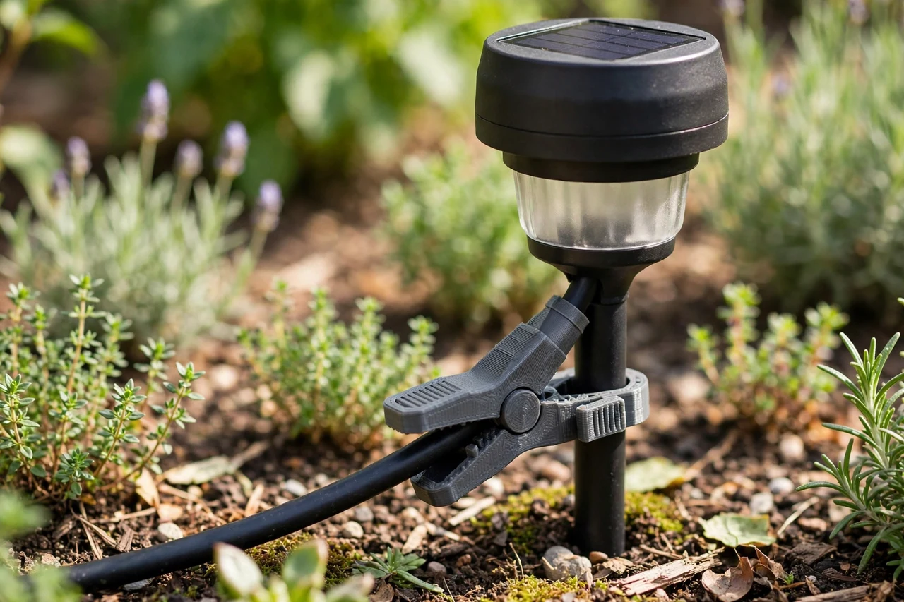 View of the finished 3D printed strain relief clip in use on a garden solar lighting project, tidy garden background in soft focus, bright natural light