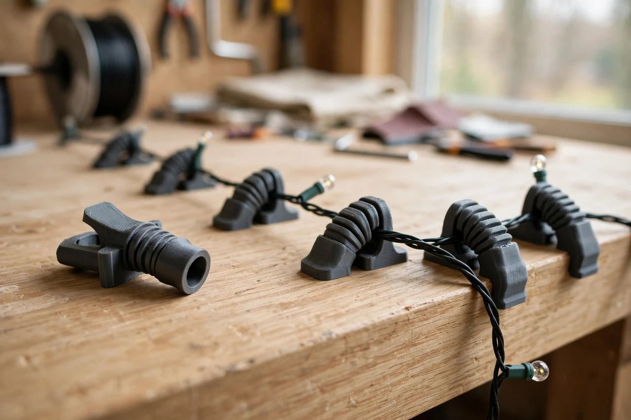 Home workshop scene on a light oak workbench, a matte charcoal-gray 3D printed strain relief clip beside a solar string light wire seated in printed strain relief clips, soft natural window light, shallow depth of field