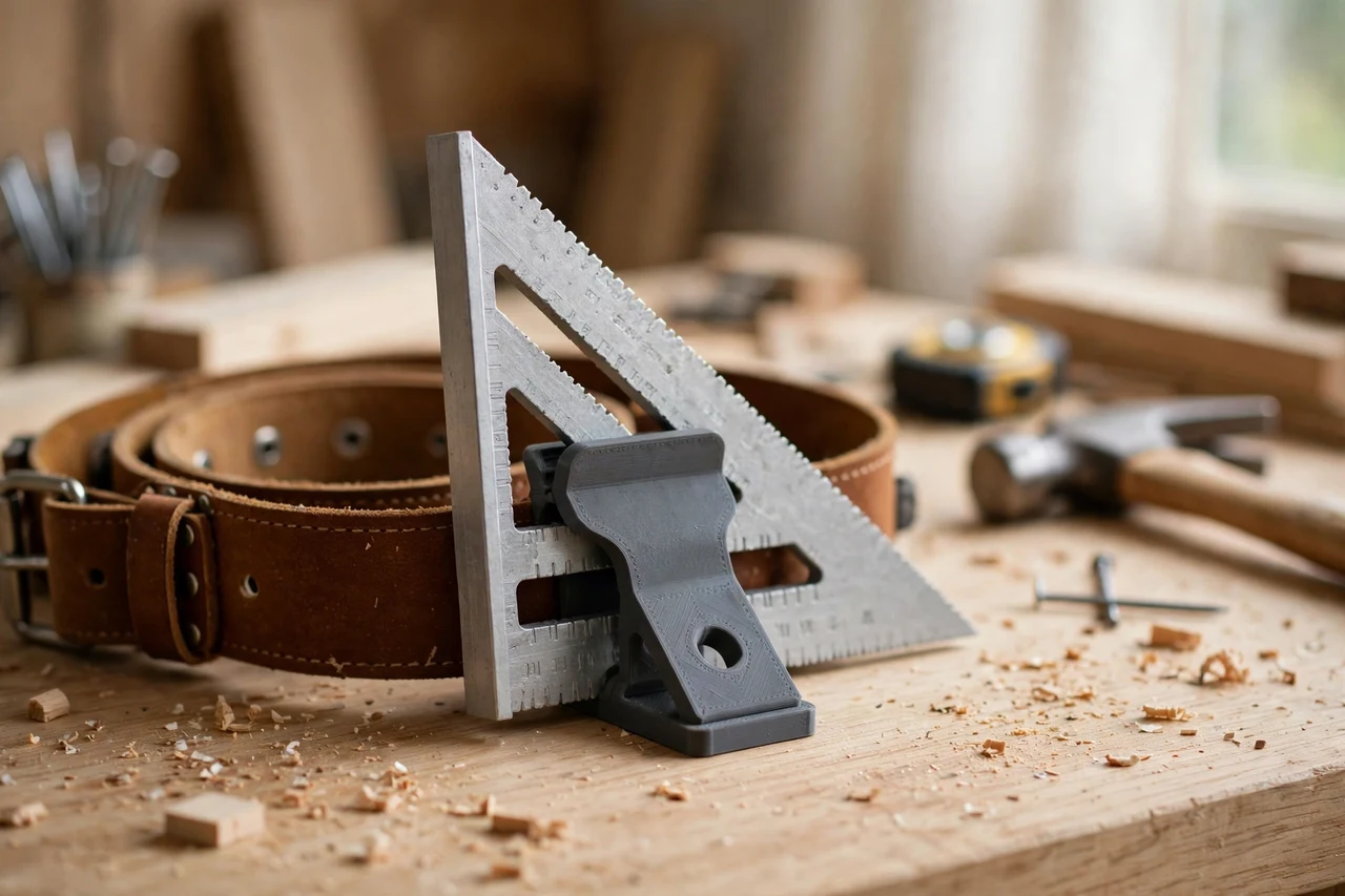 Home workshop scene on a light oak workbench, a matte charcoal-gray 3D printed speed square belt clip holding a speed square carried on a belt during framing work, soft natural window light, shallow depth of field