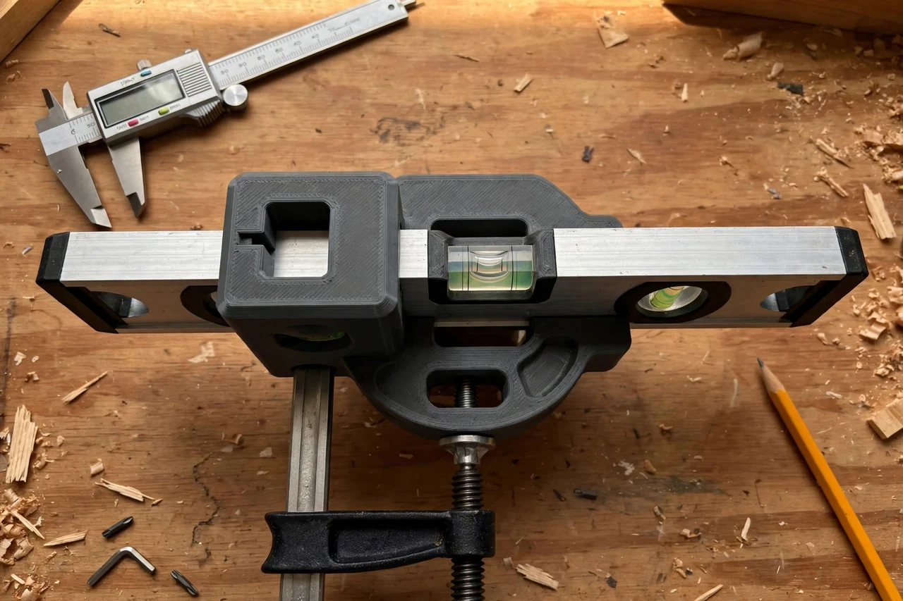 Close-up top-down view of a matte charcoal-gray 3D printed spirit level to clamp mount adapter being test-fitted against a spirit level and a clamp on a workbench, calipers and a pencil nearby, warm workshop lighting