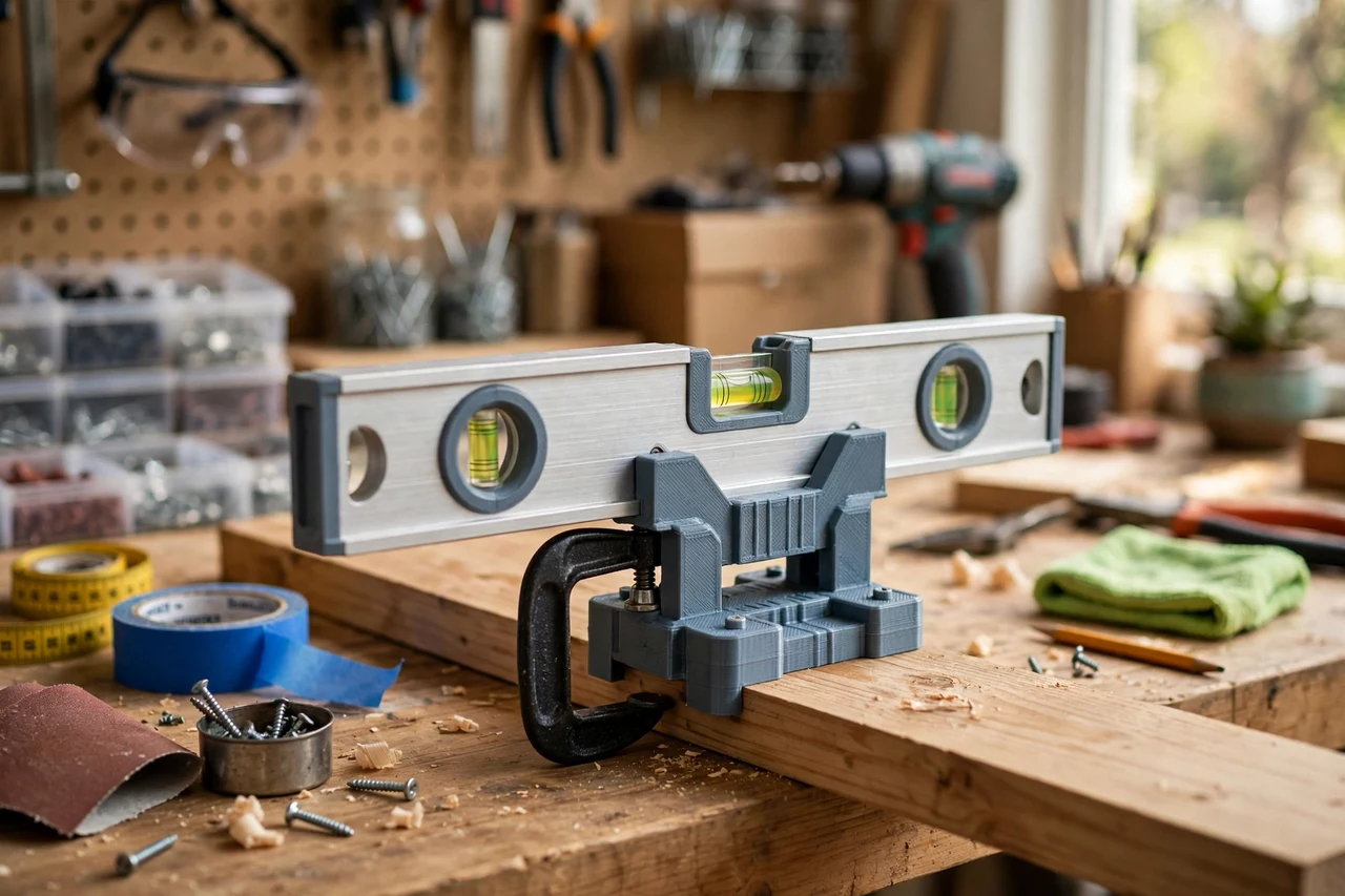 View of the finished 3D printed spirit level to clamp mount adapter in use on a home repair project on a workbench, tidy workshop background in soft focus, bright natural light