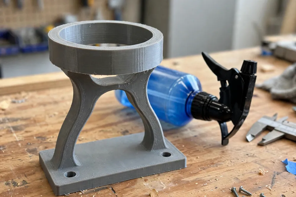 Close-up of a single 3D printed spray bottle cradle on a workbench, showing the circular neck ring