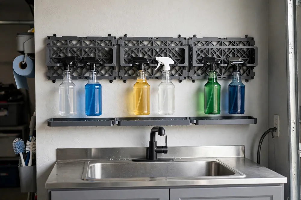 A row of three modular 3D printed spray bottle rack sections joined on a garage wall above a utility sink